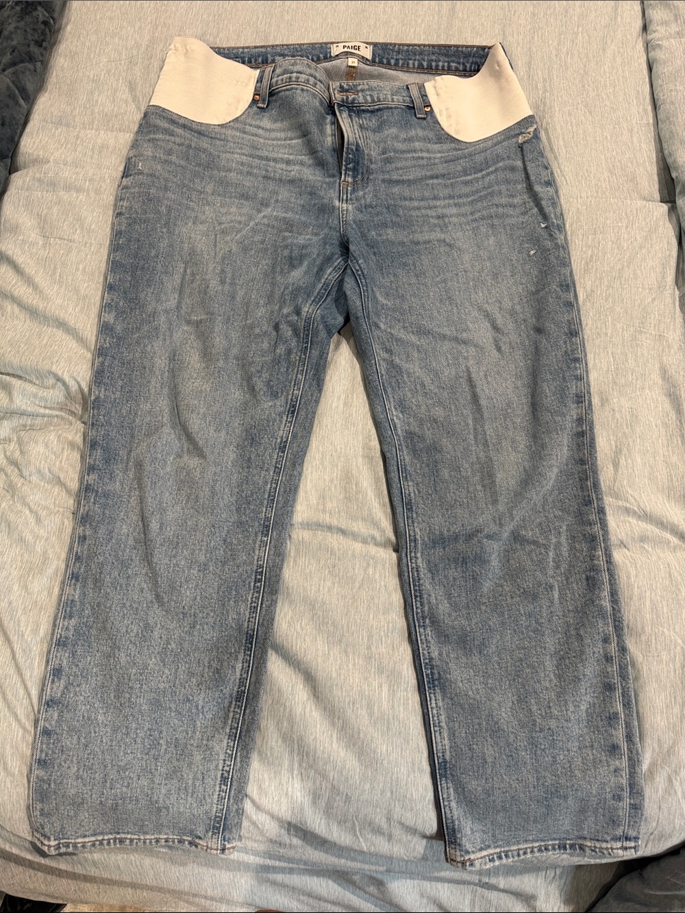PAIGE MATERNITY Two-Tone Light Blue Denim Jeans with White Waistband Accent